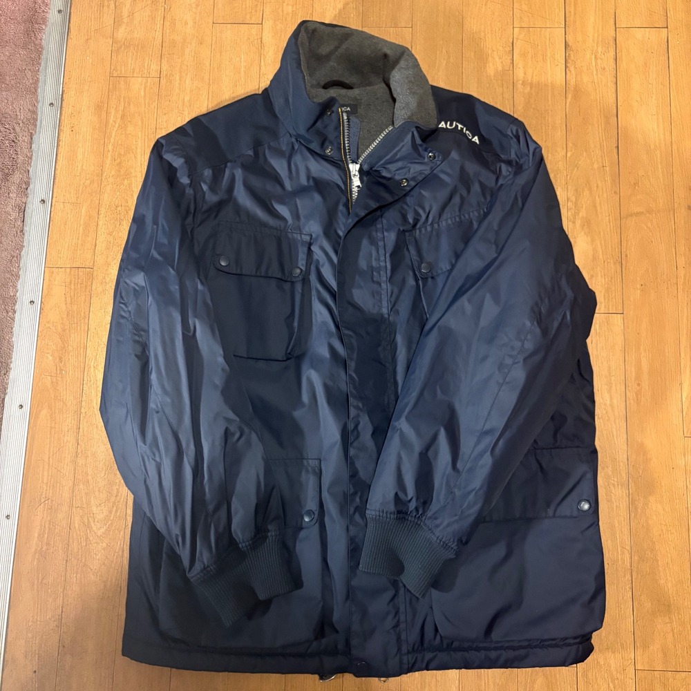 Nautica Mens Navy Blue Fleece Lined Nylon Field Jacket XL Full Zip Utility Coat